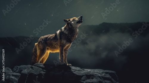 alone wolf howl on a rock at night in forest background