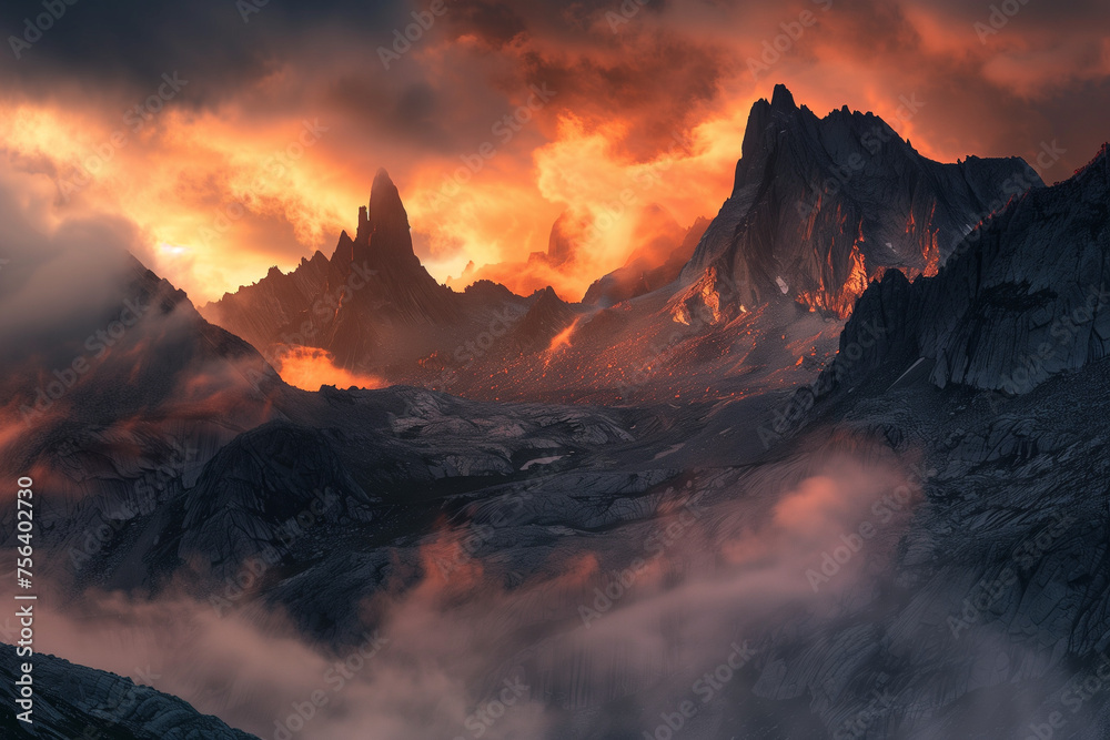 Fototapeta premium Dramatic sunrise over rugged mountains creating a scene of awe and inspiration