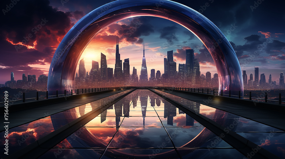 Obraz premium round neon arch portal with a view of the panorama of the modern city cityline skyscrapers, podium presentation