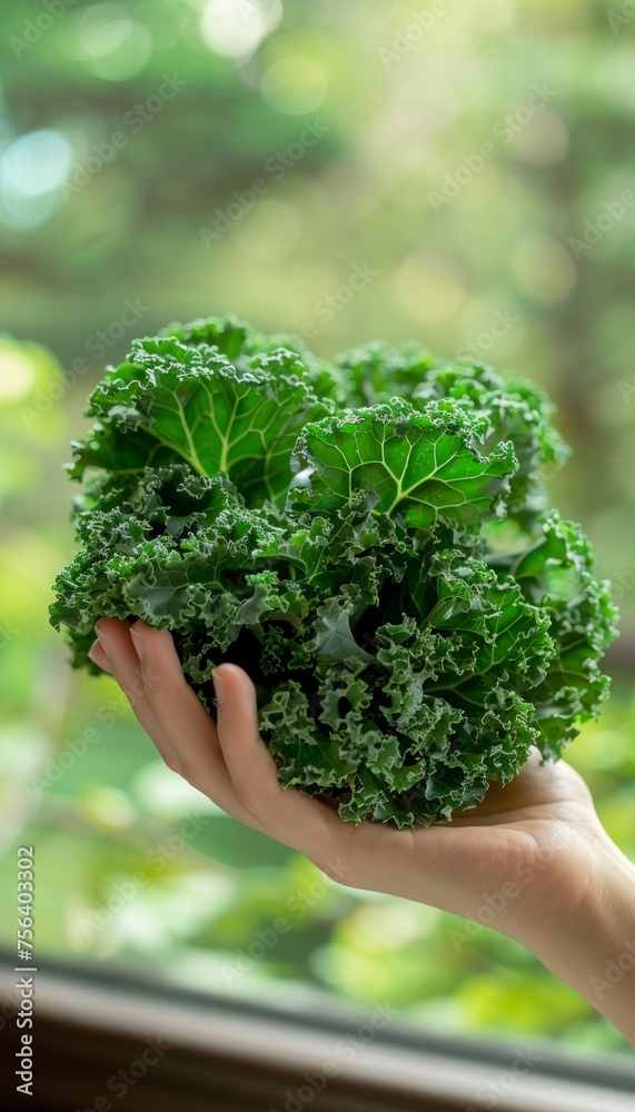 Hand holding fresh kale with selection on blurred background, copy space available Hand holding fresh kale with selection on blurred background, copy space available