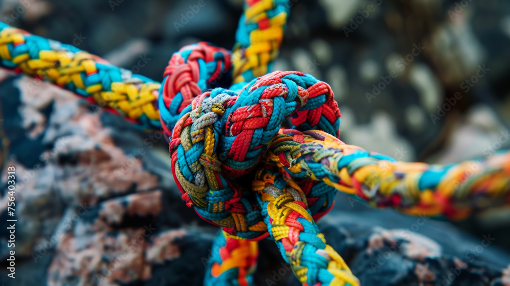 Strong climbing knot with red and black colored ropes on bokeh background. Team building concept. Generative AI Strong climbing knot with red and black colored ropes on bokeh background. Team building concept. Generative AI
