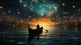 man in a boat sea and starry sky at night with reflection, dream sleep picture in imagination