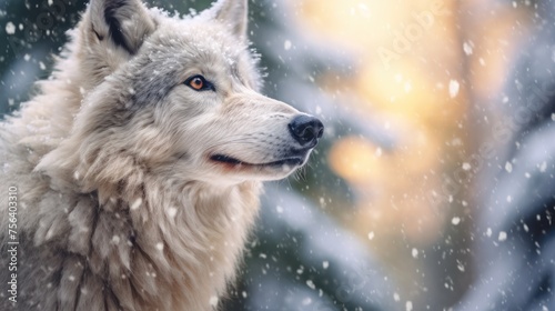 close up white wolf with snowfall background