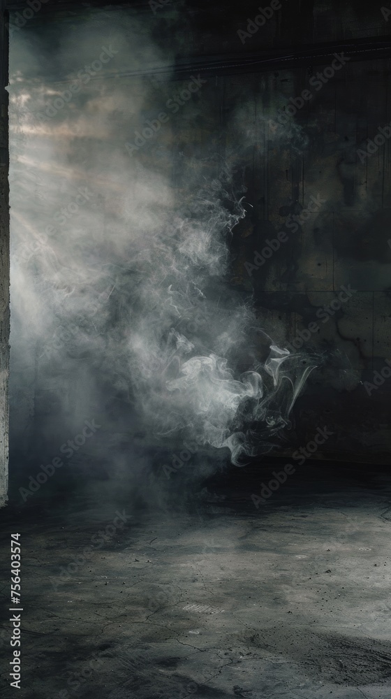 An enigmatic scene set in a vacant, dimly lit abstract cement room, where wisps of smoke ascend, crafting a mysterious and atmospheric interior texture.