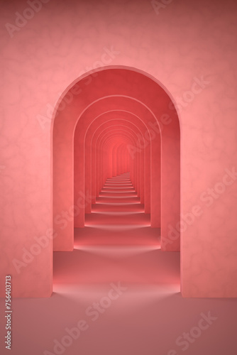 Abstract pink surreal 3d render. Arch corridor pastel pink background concept rendering. Surrealistic interior 3d illustration.