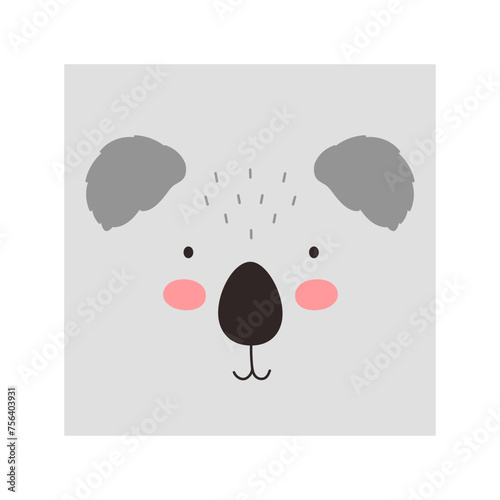 Simple koala portrait. Cute animal head portrait, koala bear face flat illustration