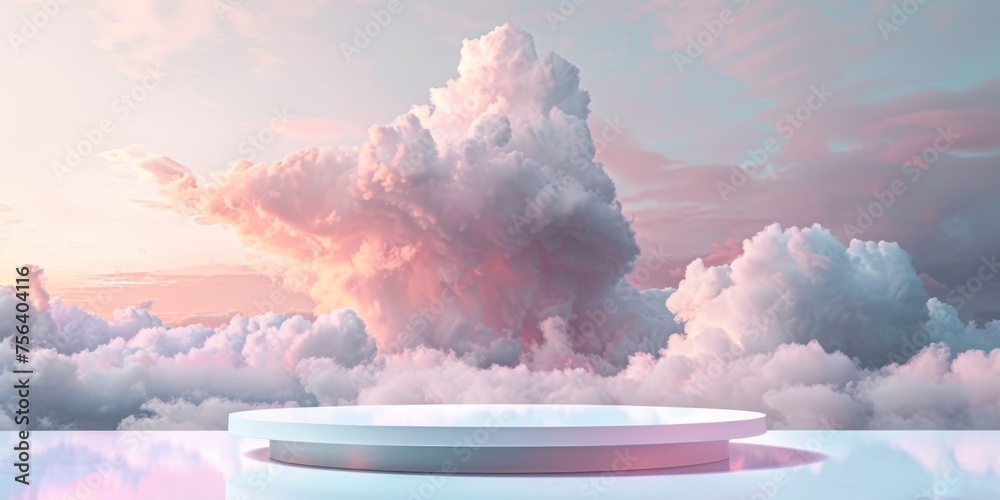 A podium basks in the radiant glow of a sunset amidst a dreamy cloudscape, offering a heavenly setting for showcasing objects