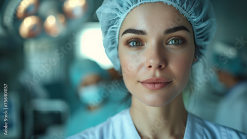 Confident female surgeon in scrubs posing in a hospital operating room.