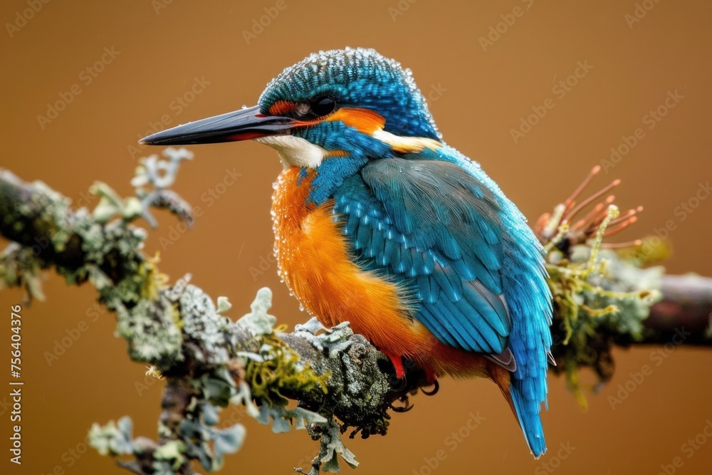 Fototapeta premium Elegant Kingfisher Resting on Mossy Branch - Essence of Wild Beauty Generative AI