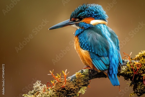 Elegant Kingfisher Resting on Mossy Branch - Essence of Wild Beauty Generative AI © Gelpi
