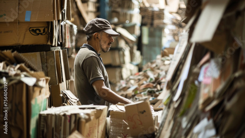 Thoughtful man sorting cardboard in a cluttered recycling facility alley.