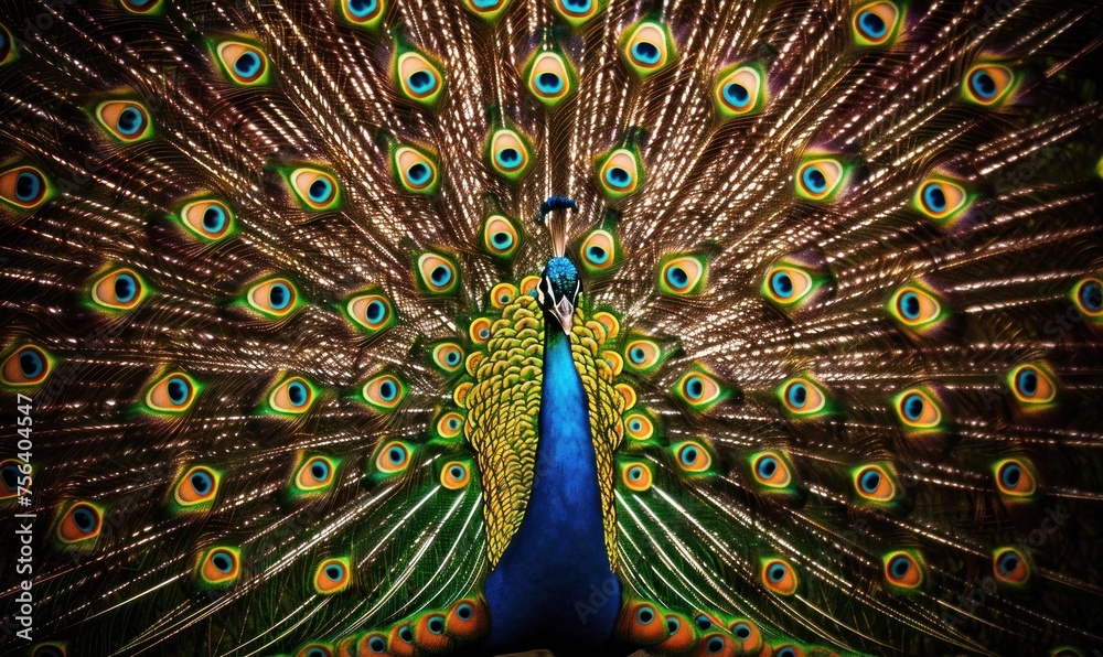 Obraz premium Spectacular Peacock with Luminous Feather Display in Radiant Splendor - Generative AI