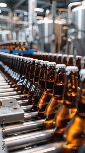 A conveyor belt is filled with bottles of beer