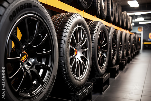 A row of black and silver tires are on display in a store. The tires are arranged in a neat and orderly fashion, with each one standing on a platform. The store has a modern and sleek design