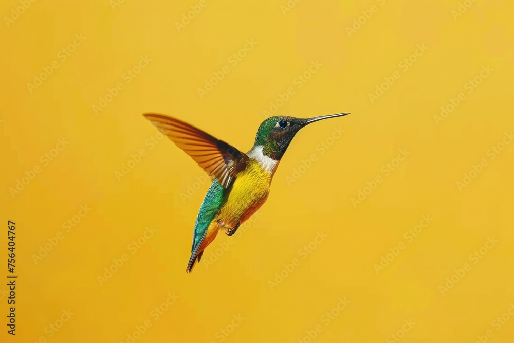 Obraz premium Emerald Hummingbird in Flight Against a Sunny Yellow Backdrop - Generative AI