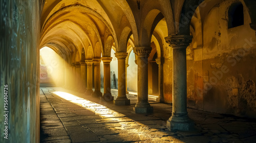 Sunlight streaming through ancient cloister corridor