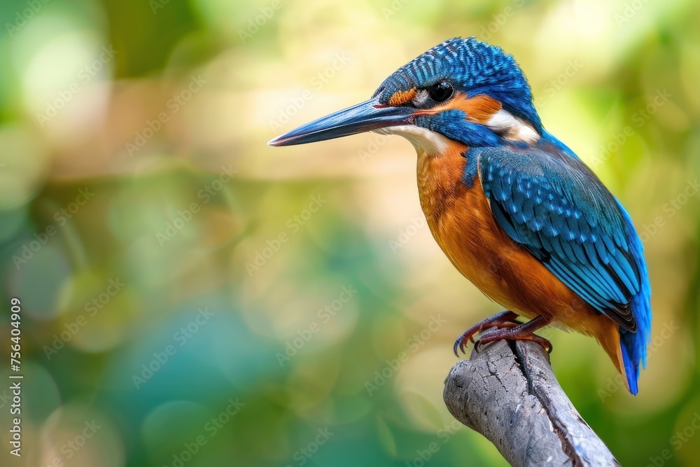 Fototapeta premium Inquisitive Kingfisher on Branch with Lush Green Bokeh - Generative AI