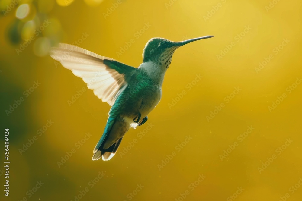 Fototapeta premium Backlit Hummingbird Hovering in Sunlit Splendor on Golden Canvas Generative AI