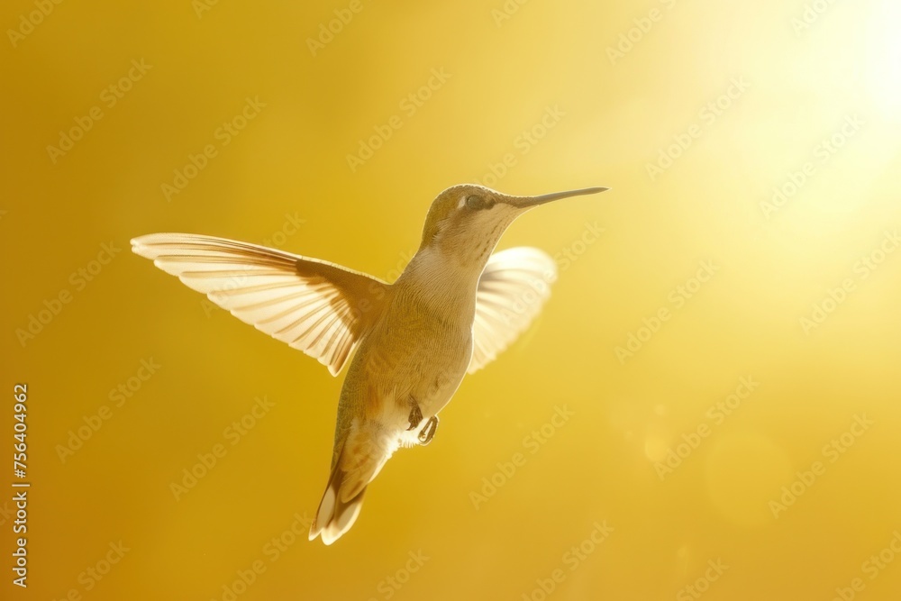Obraz premium Backlit Hummingbird Hovering in Sunlit Splendor on Golden Canvas Generative AI