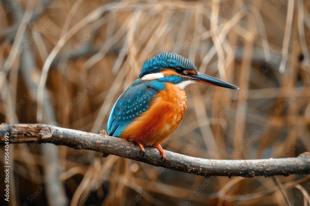 Fototapeta premium Vivid Kingfisher Rests on a Branch in Natural Habitat - Generative AI
