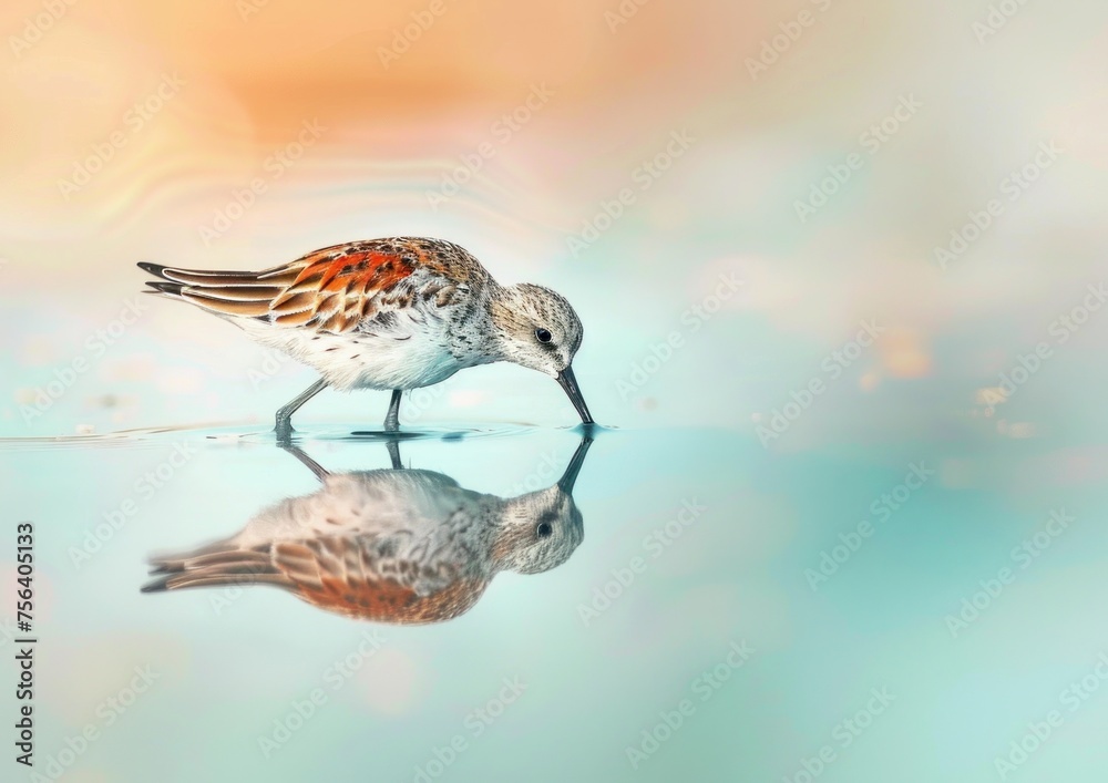 Fototapeta premium Elegant Sandpiper Gliding on Water Mirror Reflection - Crafted Generative AI