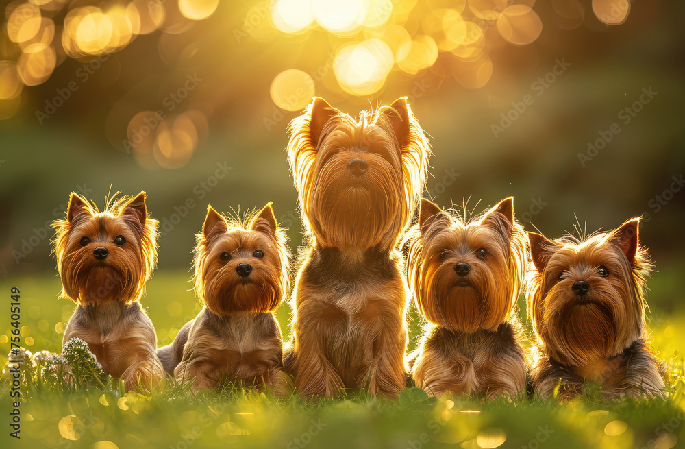 Serenade of Light: Five Yorkshire Terriers in Nature's Glow - Generative AI - obrazy, fototapety, plakaty 
