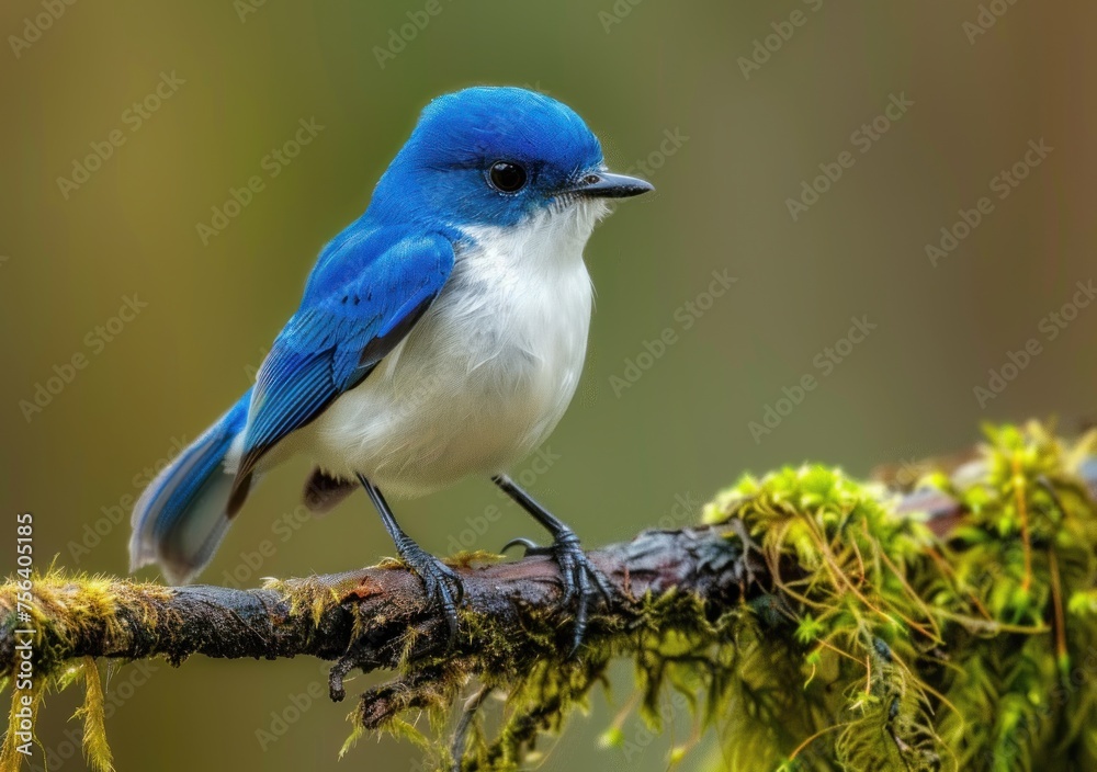 Vivid Blue Flycatcher on Mossy Branch - A Glimpse of Serene Wildlife Generative AI Vivid Blue Flycatcher on Mossy Branch - A Glimpse of Serene Wildlife Generative AI