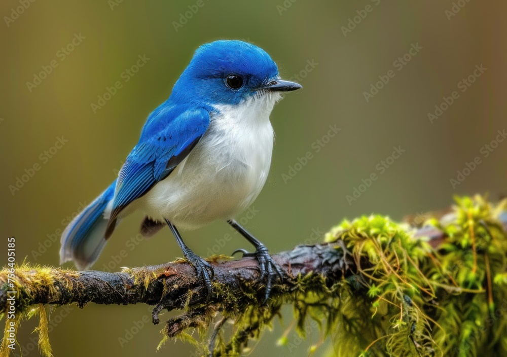 Vivid Blue Flycatcher on Mossy Branch - A Glimpse of Serene Wildlife Generative AI