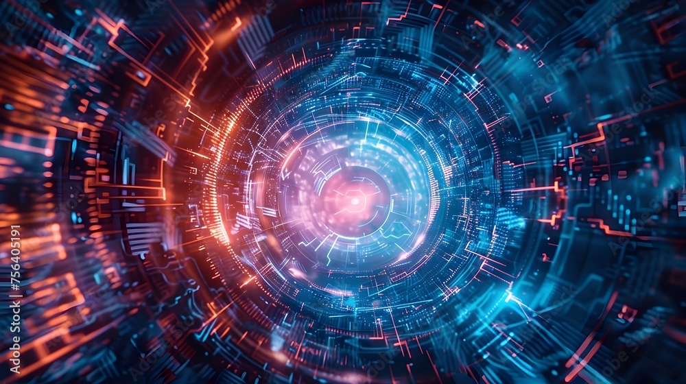 Digital Cyber Tunnel with Glowing Blue Lights, ideal for depicting high-speed data transfer and internet security.