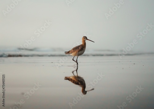 Solitary Godwit Strolling Along the Shimmering Shoreline - A Generative AI Creation