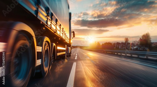 A detailed view capturing a cargo truck traveling on the highway during a picturesque sunset, highlighting its journey. photo