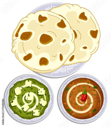 Naan Bread with Palak Paneer & Dal Makhani - Traditional Desi Indian Food Top View Detailed Illustration 