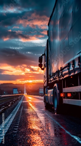 A large semi truck is driving down a road at sunset. The sky is orange and the sun is setting