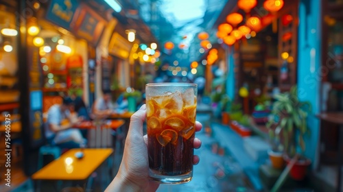 Close-up of Hand Holding Iced Coffee with Blurred Asian Street Market and Lanterns in Background