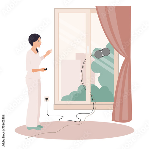 Woman cleaning windows at home with robotic cleaner. Vector illustration