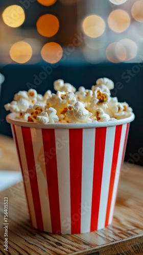 A close-up shot of a red and white striped popcorn cup, brimming with fluffy popcorn, set within the ambiance of a movie theater.