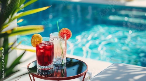 summer refreshing cocktails in glasses against the background of the pool, all inclusive concept photo