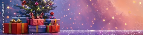 A cluster of colorful wrapped presents sits beneath a twinkling tree against a soft lavender backdrop, capturing the magic of the season with room for your message.