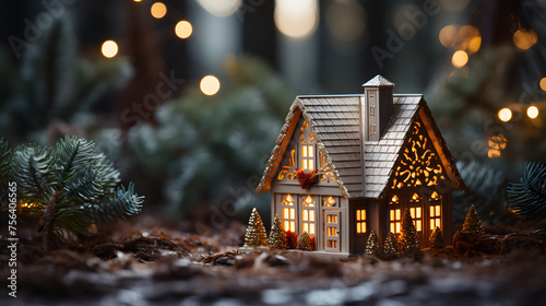 Christmas tree toy in the form of a house on the Christmas tree with copy space, concept House insurance, house gift