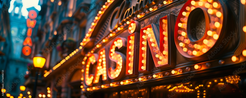 Glowing Casino neon sign dazzling with bright lights, inviting nighttime entertainment and gambling in a vibrant setting Glowing Casino neon sign dazzling with bright lights, inviting nighttime entertainment and gambling in a vibrant setting