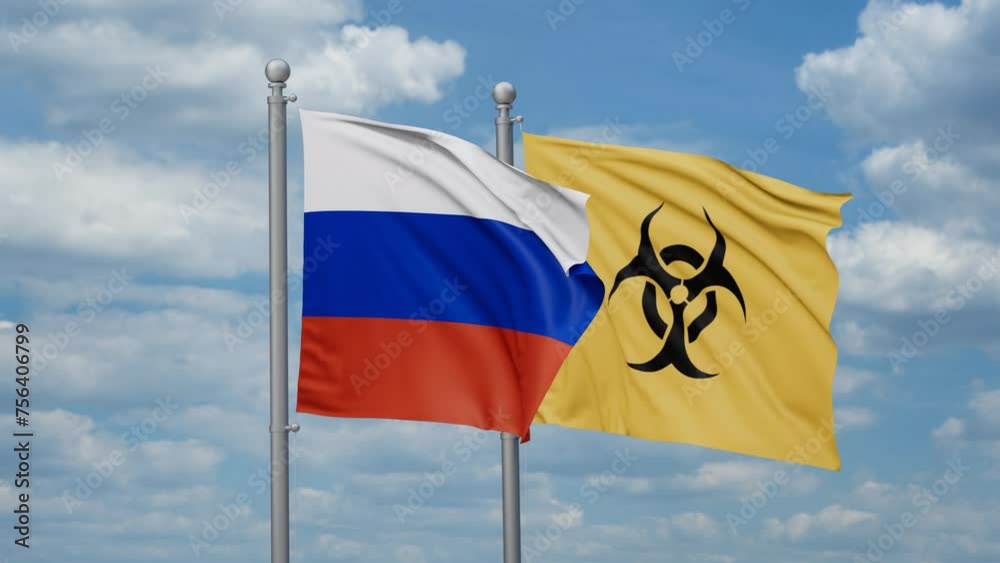 Russia and Biological hazard flags waving together on looped video, toxic hazard and pollution warning concept Russia and Biological hazard flags waving together on looped video, toxic hazard and pollution warning concept