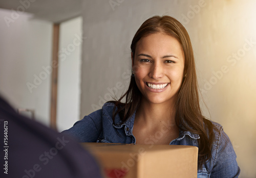 Woman, smile and portrait with delivery, order and moving box for real estate and property. Cardboard, shipping and giving with package and happy homeowner with courier service and customer at home