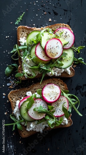 Nutrient-rich sandwiches prepared with rye bread, layered with creamy cottage cheese, sliced radishes, cucumbers, a variety of fresh greens, and peppery arugula.
