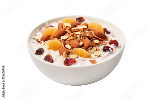 Yogurt bowl with jam, dried fruit and toasted nuts, sprinkled with coconut flakes, Isolated on a transparent background.
