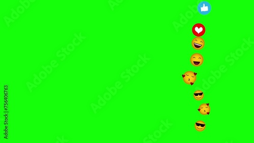 Different emoji, emoticons flying up on right side of frame on green background, chroma key. Social media live, broadcast or stream concept.