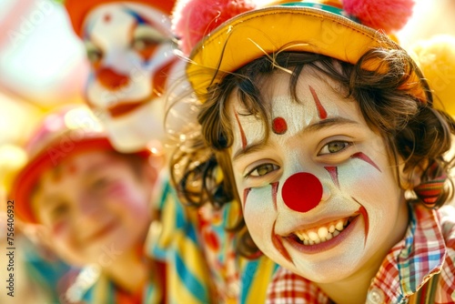 Close-up of the face of a boy with clown makeup on a sunny day, in the background in blur children and clowns