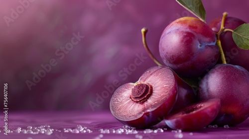 Succulent fresh plums gracefully arranged against a vivid purple background, highlighting their innate beauty. photo