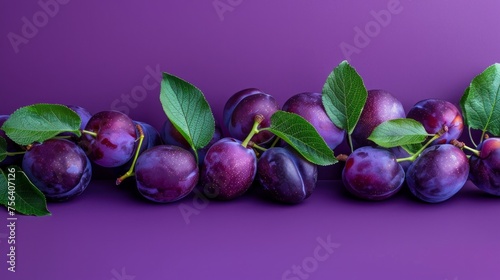 A bunch of purple plums with green leaves on top