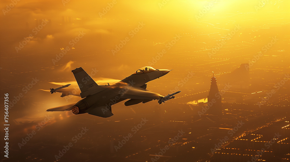 flying over the cities at sunset jet fighter with great speed. Patrol of military combat aviation flying over the cities at sunset jet fighter with great speed. Patrol of military combat aviation
