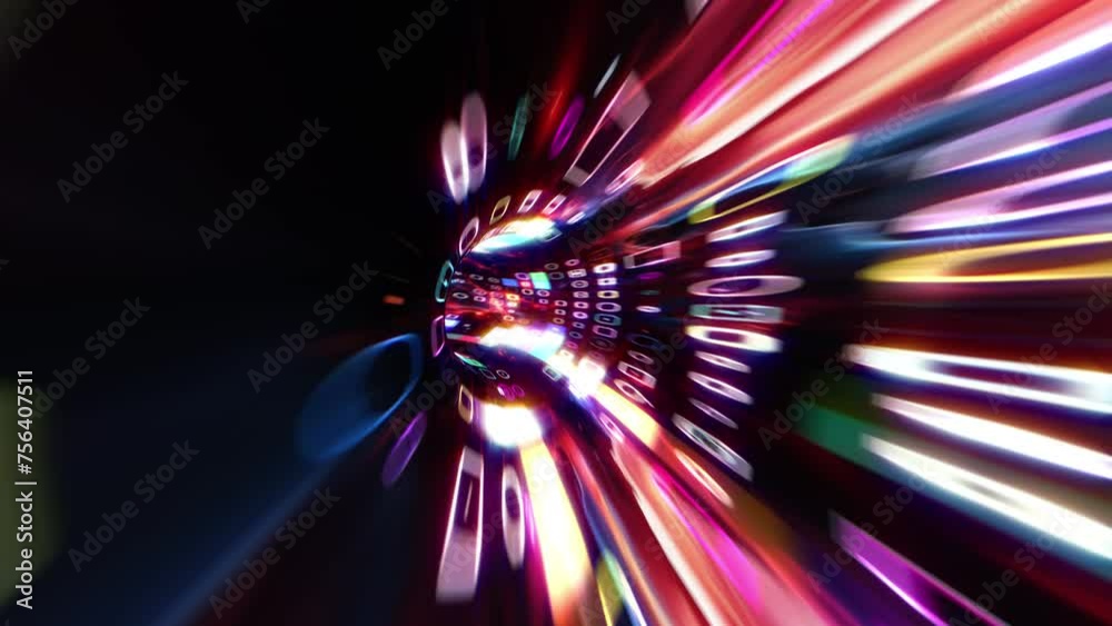 Abstract colorful neon psychedelic futuristic pattern hitech grid  digital tunnel background. Round blurred science hi-tech VJ loop abstraction. Beautiful art effect, optical illusion. 4K 3D Seamless 